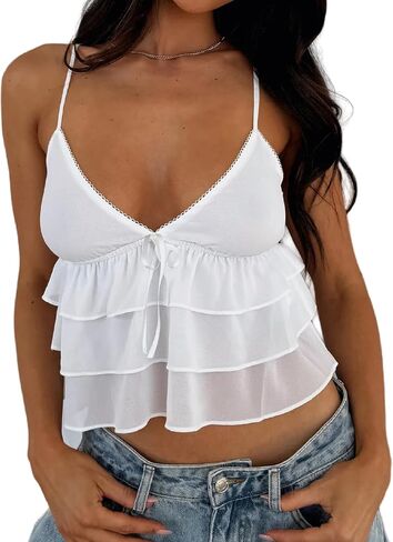 Women Floral Print Camisole Y2k V Neck Mesh Sheer Tank Top Coquette Spaghetti Strap Ruffle Layered Cami Tops in Kuwait