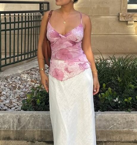 Women Floral Print Camisole Y2k V Neck Mesh Sheer Tank Top Coquette Spaghetti Strap Ruffle Layered Cami Tops in Kuwait