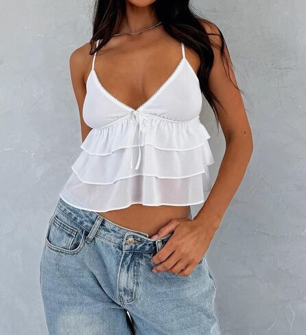 Women Floral Print Camisole Y2k V Neck Mesh Sheer Tank Top Coquette Spaghetti Strap Ruffle Layered Cami Tops in Kuwait