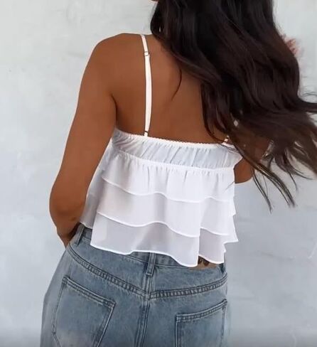 Women Floral Print Camisole Y2k V Neck Mesh Sheer Tank Top Coquette Spaghetti Strap Ruffle Layered Cami Tops in Kuwait
