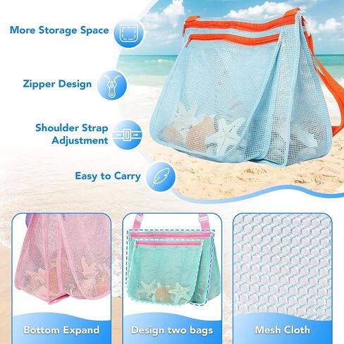 5 Pcs Sand Toys Beach Set Include 2 Metal Shovels,1 Foldable Beach Bucket & 1 Sand Sifter with 1 Mesh Beach Bag for Shells Collecting in Kuwait