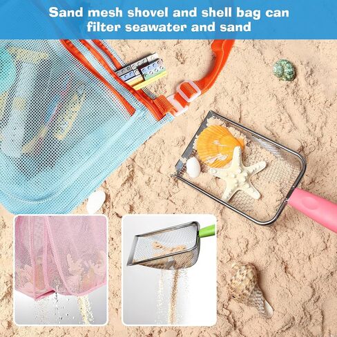 5 Pcs Sand Toys Beach Set Include 2 Metal Shovels,1 Foldable Beach Bucket & 1 Sand Sifter with 1 Mesh Beach Bag for Shells Collecting in Kuwait
