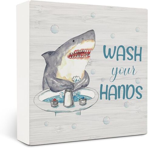Wash Your Hands Shark Wooden Box Sign,Kids Bathroom Wood Box Sign,Funny Shark Bath Room Decor,Shark Lover Bathroom Decor 5x5 Inches in Saudi Arabia