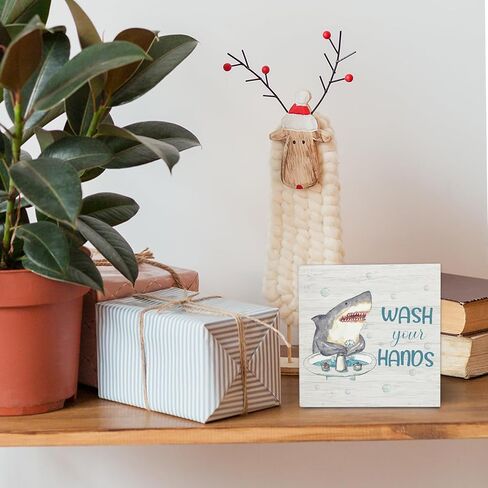 Wash Your Hands Shark Wooden Box Sign,Kids Bathroom Wood Box Sign,Funny Shark Bath Room Decor,Shark Lover Bathroom Decor 5x5 Inches in Saudi Arabia