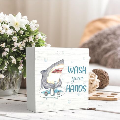 Wash Your Hands Shark Wooden Box Sign,Kids Bathroom Wood Box Sign,Funny Shark Bath Room Decor,Shark Lover Bathroom Decor 5x5 Inches in Saudi Arabia