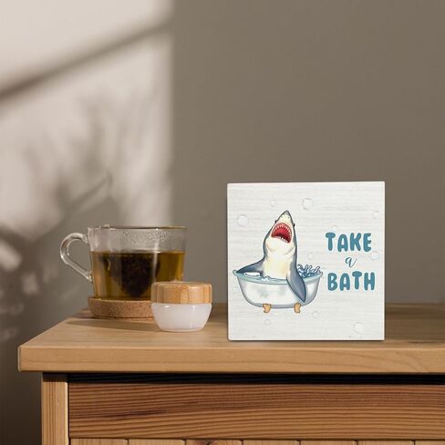 Wash Your Hands Shark Wooden Box Sign,Kids Bathroom Wood Box Sign,Funny Shark Bath Room Decor,Shark Lover Bathroom Decor 5x5 Inches in Saudi Arabia