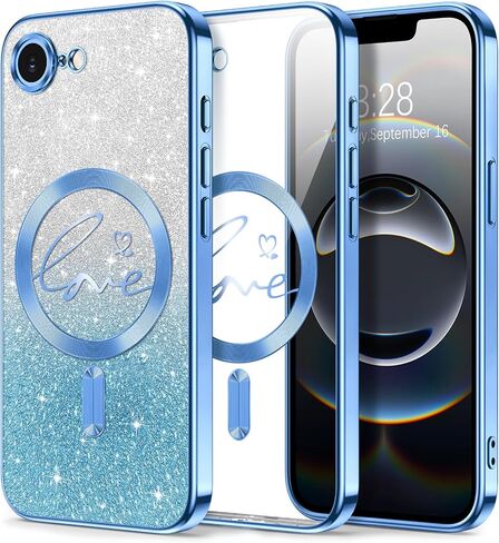 Hython for iPhone 16 Pro Case Glitter, Compatible with MagSafe Love Heart Magnetic Clear Phone Cases for Women Girls, Full Camera Protection Sparkle Plating Shockproof Protective Cover, Pink in Saudi Arabia