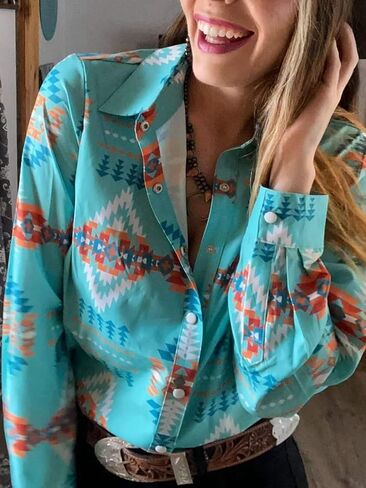 Womens Retro Aztec Pearl Snap Shirts Lapel Button Up Blouse Long Sleeve Cowgirl Ethnic Print Rodeo Western Tops in Saudi Arabia