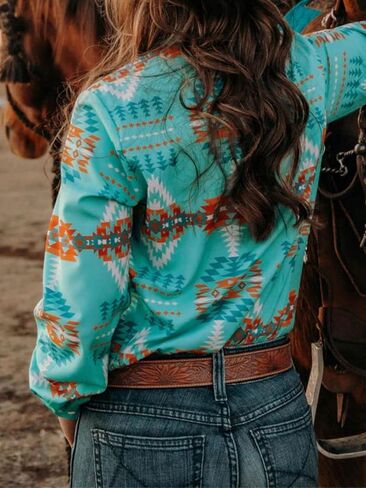 Womens Retro Aztec Pearl Snap Shirts Lapel Button Up Blouse Long Sleeve Cowgirl Ethnic Print Rodeo Western Tops in Saudi Arabia
