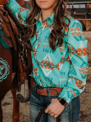 Womens Retro Aztec Pearl Snap Shirts Lapel Button Up Blouse Long Sleeve Cowgirl Ethnic Print Rodeo Western Tops in Saudi Arabia