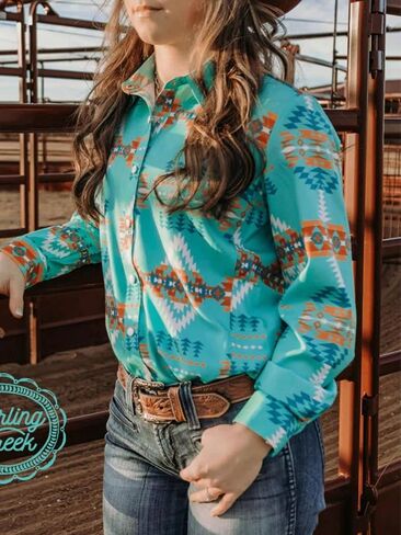Womens Retro Aztec Pearl Snap Shirts Lapel Button Up Blouse Long Sleeve Cowgirl Ethnic Print Rodeo Western Tops in Saudi Arabia