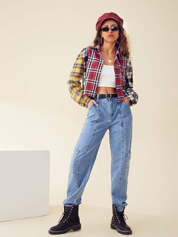 SweatyRocks النساء اللطيف اللطيف بلوك طويل الأكمام قمم محصول منقوشة زر أسفل بلوزة in Saudi Arabia