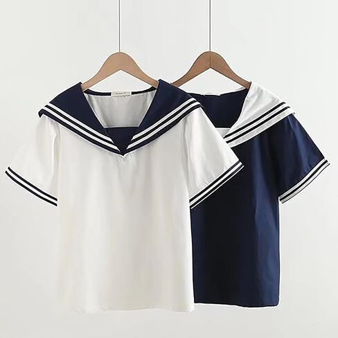BAIMORE Women‘s Fashion Navy Collar Blouse Bow Knot Short Sleeve Striped Summer Casual Loose Shirt in Kuwait
