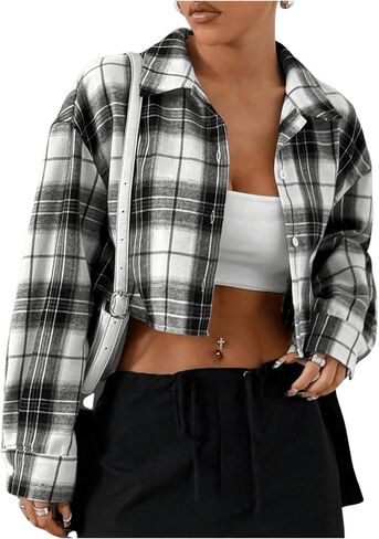 SweatyRocks Women's Cute Color Block Long Sleeve Crop Tops Plaid Button Down Blouse in Saudi Arabia