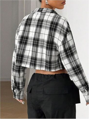 SweatyRocks Women's Cute Color Block Long Sleeve Crop Tops Plaid Button Down Blouse in Saudi Arabia