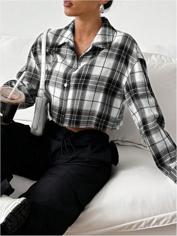 SweatyRocks Women's Cute Color Block Long Sleeve Crop Tops Plaid Button Down Blouse in Saudi Arabia