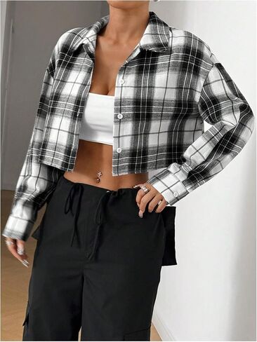 SweatyRocks Women's Cute Color Block Long Sleeve Crop Tops Plaid Button Down Blouse in Saudi Arabia