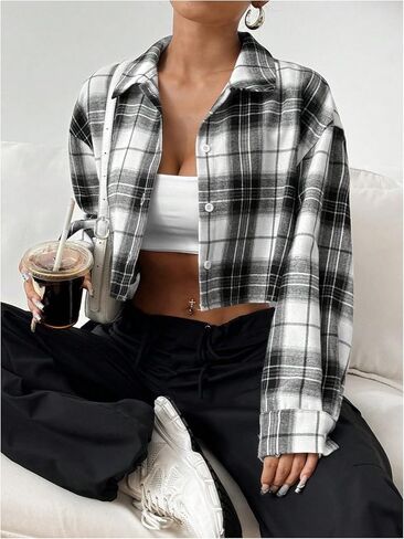 SweatyRocks Women's Cute Color Block Long Sleeve Crop Tops Plaid Button Down Blouse in Saudi Arabia