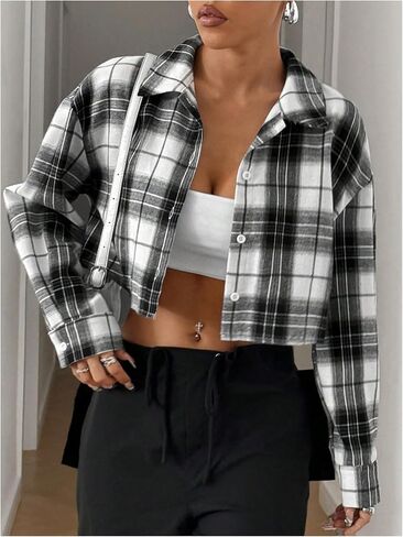 SweatyRocks Women's Cute Color Block Long Sleeve Crop Tops Plaid Button Down Blouse in Saudi Arabia