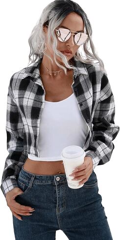 SweatyRocks Women's Cute Color Block Long Sleeve Crop Tops Plaid Button Down Blouse in Saudi Arabia