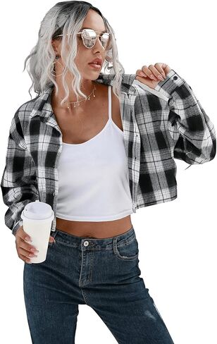 SweatyRocks Women's Cute Color Block Long Sleeve Crop Tops Plaid Button Down Blouse in Saudi Arabia