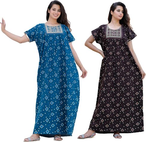 Women's Cotton Printed Nighty Night Gown Combo Maxi | Fits Upto M-XXL (Pack of 2) in Saudi Arabia