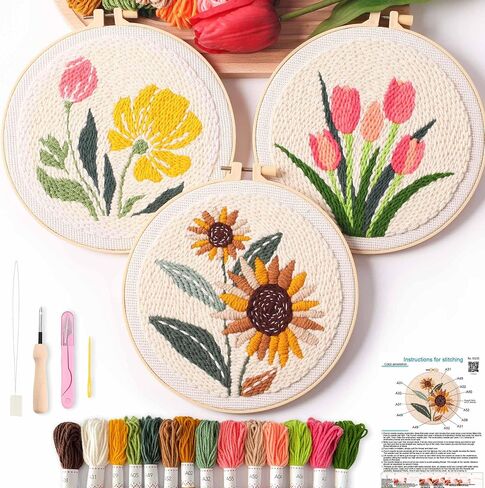 REEWISLY Punch Needle Embroidery Starter Kits for Beginners Cute Cartoon.3Ps Embroidery Hoops,Color Threads,Instructions and Needles,DIY Adults Embroidery, Video Teaching in Saudi Arabia