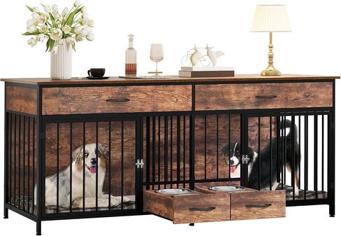 Yitahome Double Dog Crate Furniter مع وحدة تغذية الكلاب ، 74.8 بوصة أثاث بيت الكلب الخشبي مع درجتين كبيرتين ، بيت الكلب على طراز الأثاث الداخلي للكلاب الكبيرة المتوسطة ، الأسود in Saudi Arabia