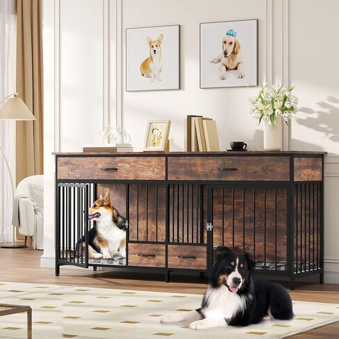 Yitahome Double Dog Crate Furniter مع وحدة تغذية الكلاب ، 74.8 بوصة أثاث بيت الكلب الخشبي مع درجتين كبيرتين ، بيت الكلب على طراز الأثاث الداخلي للكلاب الكبيرة المتوسطة ، الأسود in Saudi Arabia