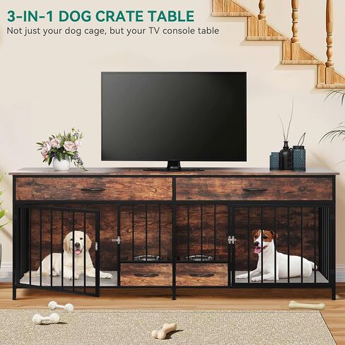 Yitahome Double Dog Crate Furniter مع وحدة تغذية الكلاب ، 74.8 بوصة أثاث بيت الكلب الخشبي مع درجتين كبيرتين ، بيت الكلب على طراز الأثاث الداخلي للكلاب الكبيرة المتوسطة ، الأسود in Saudi Arabia