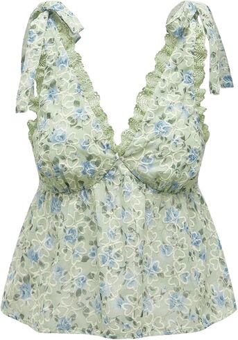 MakeMeChic Women's Babydoll Tops Floral Print Lace Trim Tie Shoulder Shirt Tank Peplum Tops in Saudi Arabia