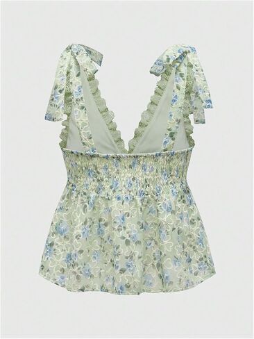 MakeMeChic Women's Babydoll Tops Floral Print Lace Trim Tie Shoulder Shirt Tank Peplum Tops in Saudi Arabia