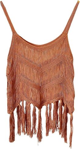 MakeMechic Women's Women's Crochet Spaghetti Strap Cami Crop Tops Fringe Knit Summer Tank Top in Saudi Arabia