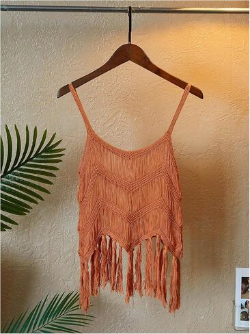 MakeMechic Women's Women's Crochet Spaghetti Strap Cami Crop Tops Fringe Knit Summer Tank Top in Saudi Arabia