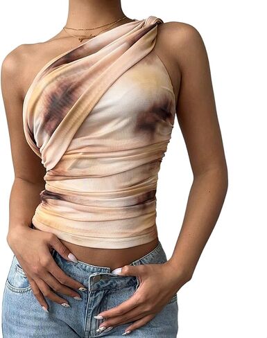 GORGLITTER Women's One Shoulder Mesh Tank Tops Y2K Dressy Asymmetrical Neck Tie Dye Ruched Summer Going Out Crop Tops in Saudi Arabia