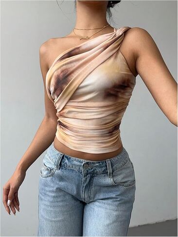 GORGLITTER Women's One Shoulder Mesh Tank Tops Y2K Dressy Asymmetrical Neck Tie Dye Ruched Summer Going Out Crop Tops in Saudi Arabia