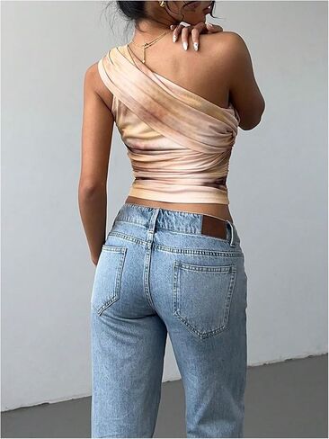 GORGLITTER Women's One Shoulder Mesh Tank Tops Y2K Dressy Asymmetrical Neck Tie Dye Ruched Summer Going Out Crop Tops in Saudi Arabia