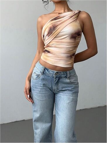 GORGLITTER Women's One Shoulder Mesh Tank Tops Y2K Dressy Asymmetrical Neck Tie Dye Ruched Summer Going Out Crop Tops in Saudi Arabia