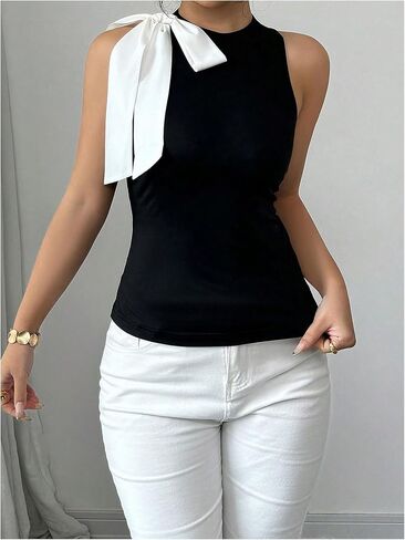 Milumia Women's Bow Tie Crewneck Olciveless Top Colorblock العصرية النحيفة in Saudi Arabia