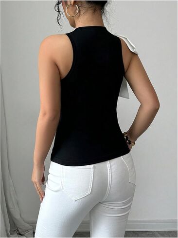 Milumia Women's Bow Tie Crewneck Olciveless Top Colorblock العصرية النحيفة in Saudi Arabia