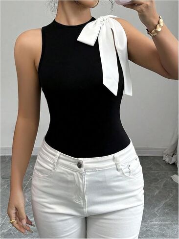 Milumia Women's Bow Tie Crewneck Olciveless Top Colorblock العصرية النحيفة in Saudi Arabia