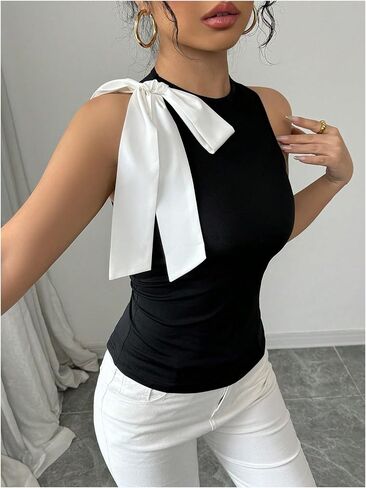 Milumia Women's Bow Tie Crewneck Olciveless Top Colorblock العصرية النحيفة in Saudi Arabia