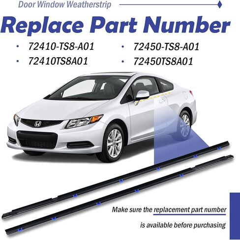 2Pcs Window Weather Stripping Molding Trim Seal Belt Compatible with 2012-2015 Honda Civic Coupe 2D Replace# 72410-TS8-A01 72450-TS8-A01 in Kuwait