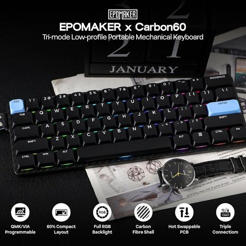 EPOMAKER Carbon60 QMK/VIA Wireless Mechanical Keyboard, 60% Compact Layout, Tri-Mode Bluetooth/2.4GHz/USB-C, Carbon Fiber Design, Hot Swappable (Gateron Low-Profile Brown Switch) in Saudi Arabia