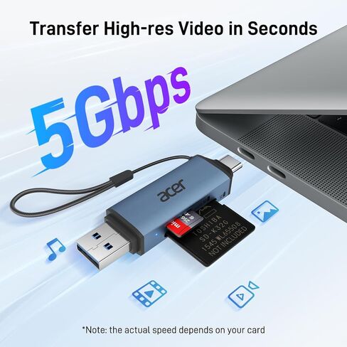 acer SD Card Reader USB C, Dual Slots USB 3.0 Type C to Micro SD Card Adapter, Memory Card Reader for MicroSD, SDHC, SDXC, Compatible with Laptop, PC, iPhone16/15, MacBook, iPad Pro, Android-Silver in Saudi Arabia
