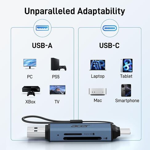 acer SD Card Reader USB C, Dual Slots USB 3.0 Type C to Micro SD Card Adapter, Memory Card Reader for MicroSD, SDHC, SDXC, Compatible with Laptop, PC, iPhone16/15, MacBook, iPad Pro, Android-Silver in Saudi Arabia