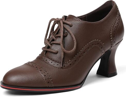 Women's Black Oxfords Dress Wingtip Vintage Comfortable Chunky High Heel Lace Up Brogues Booties in Kuwait