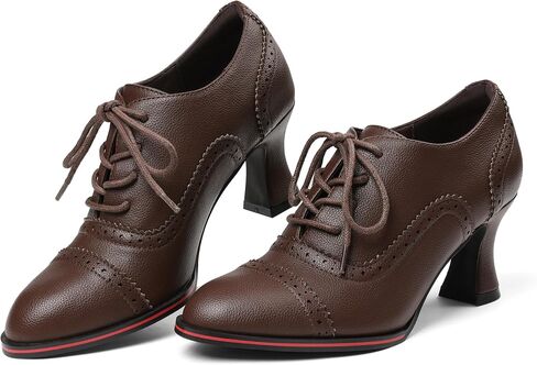 Women's Black Oxfords Dress Wingtip Vintage Comfortable Chunky High Heel Lace Up Brogues Booties in Kuwait
