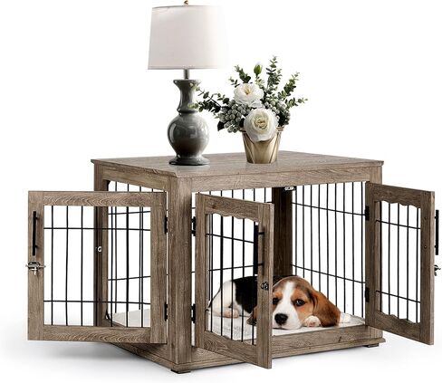 Large Dog Crate Furniture, 38 inch Dog Crates with Bed Pad, Wooden Dog Kennel Furniture, End Table Dog Cage with 3 Doors, Greige in Kuwait