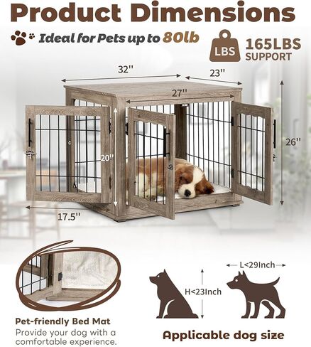 Large Dog Crate Furniture, 38 inch Dog Crates with Bed Pad, Wooden Dog Kennel Furniture, End Table Dog Cage with 3 Doors, Greige in Kuwait